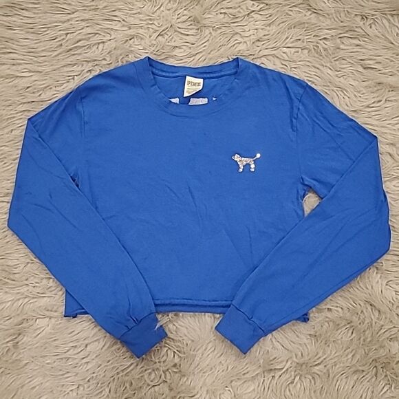 PINK Victoria's Secret Tops - Pink by victoria secret blue‎ cropped long sleeve silver sequin logo shirt